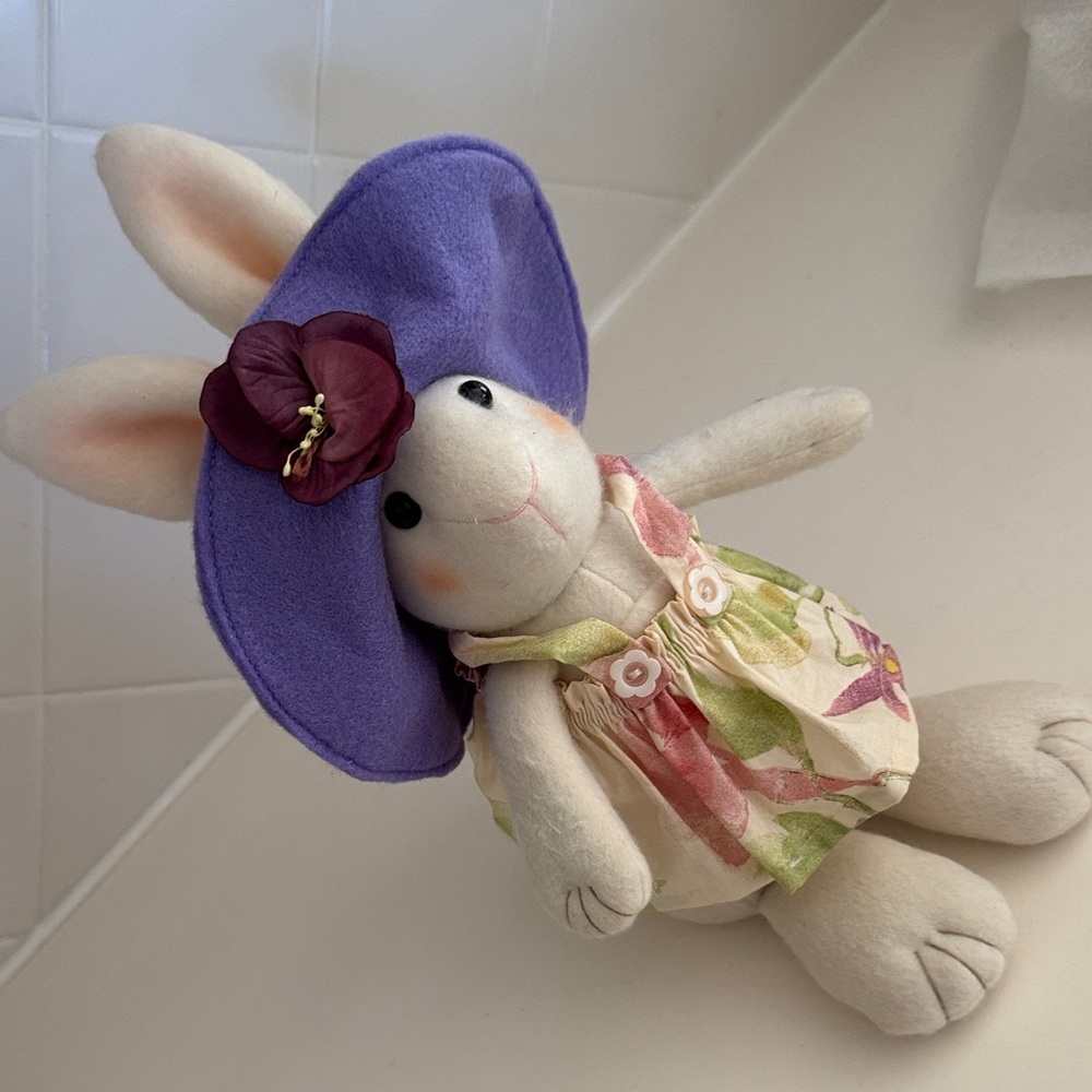 Vintage White Bunny with Purple Hat - Picture 2 of 5